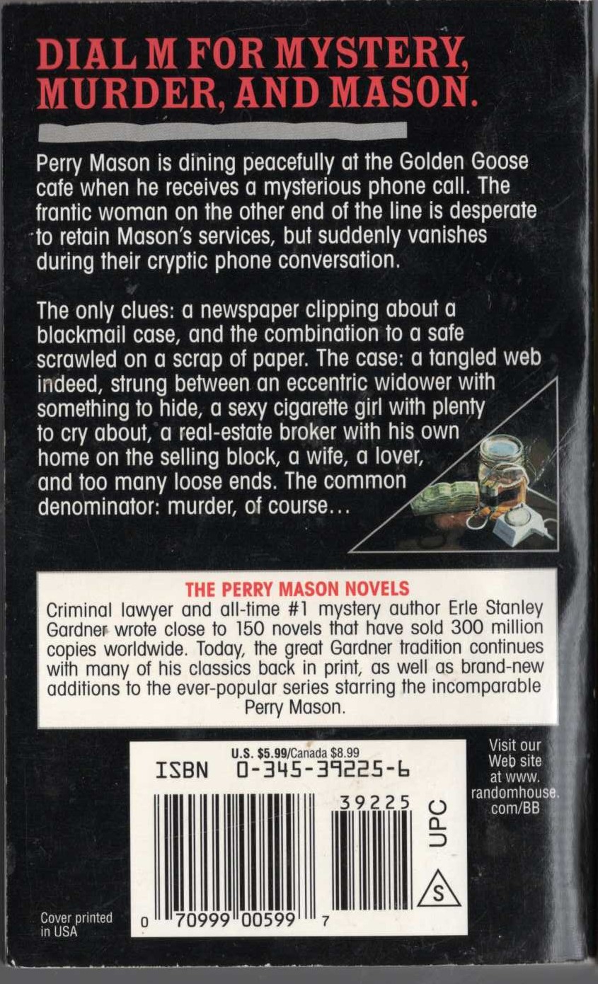 Erle Stanley Gardner  THE CASE OF THE ONE-EYED WITNESS magnified rear book cover image