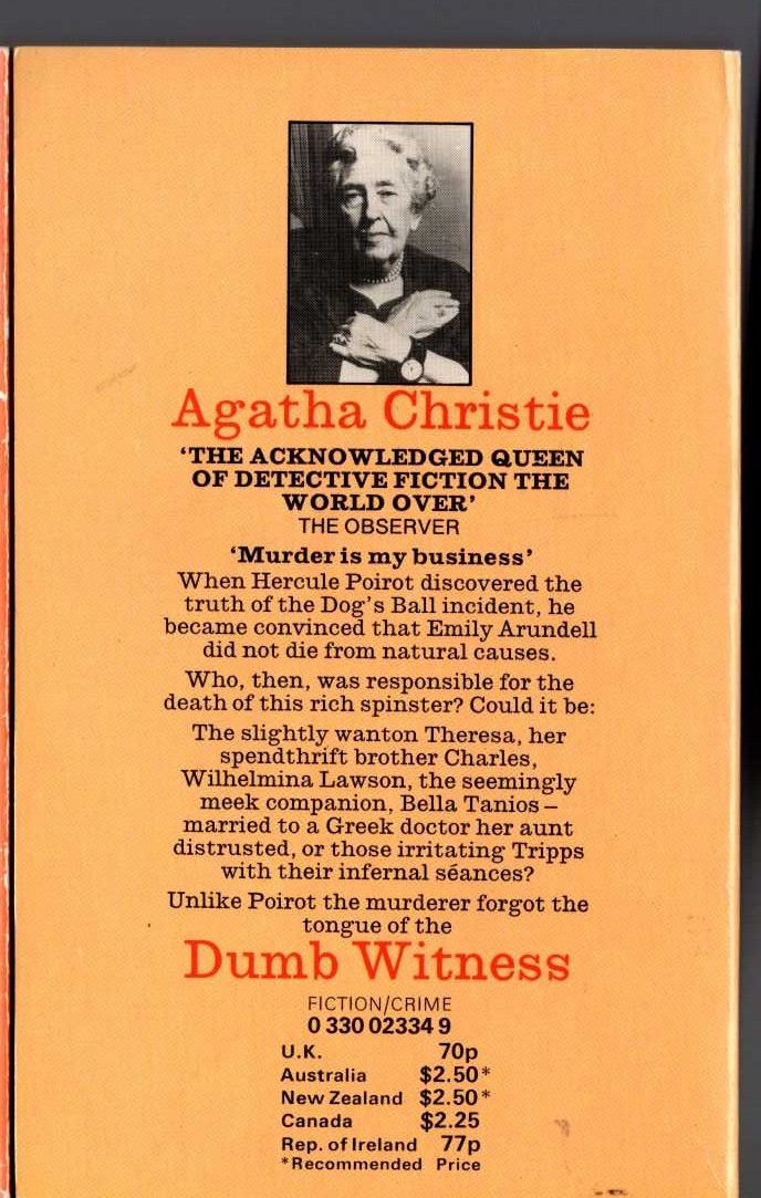 Agatha Christie  DUMB WITNESS magnified rear book cover image