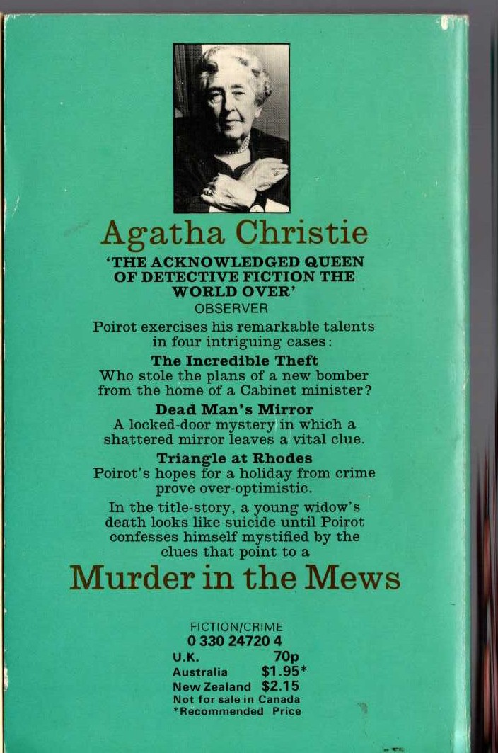 Agatha Christie  MURDER IN THE MEWS magnified rear book cover image