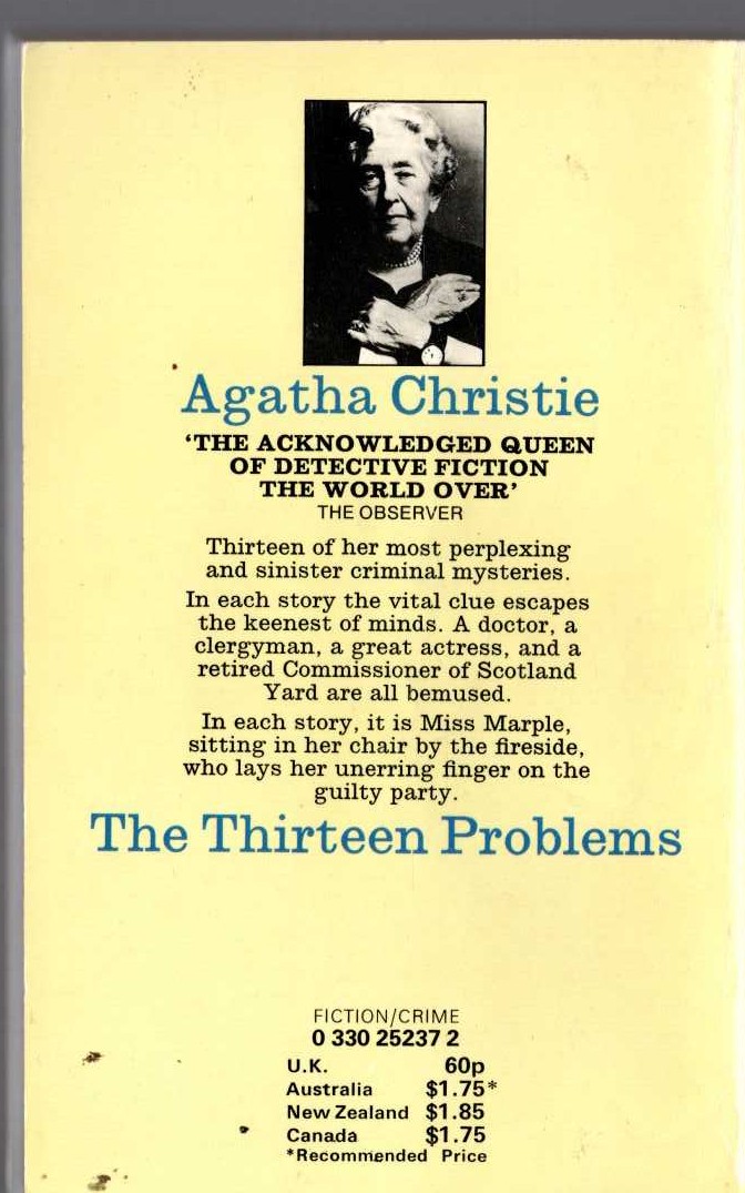 Agatha Christie  THE THIRTEEN PROBLEMS magnified rear book cover image