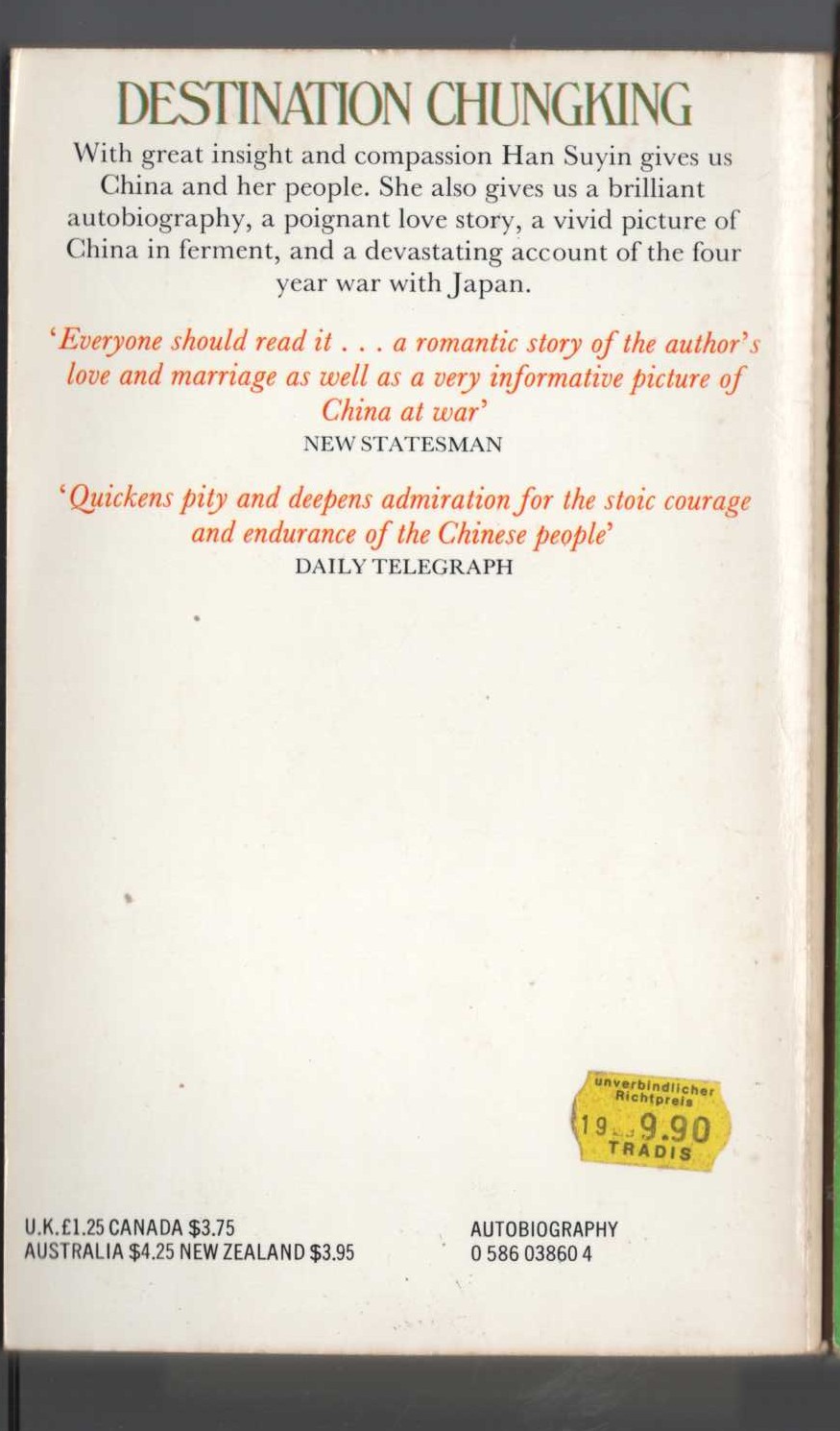 Han Suyin  DESTINATION CHUNGKING magnified rear book cover image