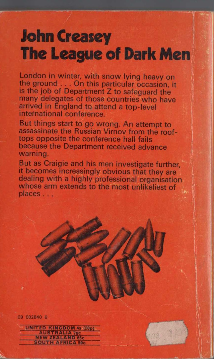 John Creasey  THE LEAGUE OF DARK MEN (Department Z) magnified rear book cover image