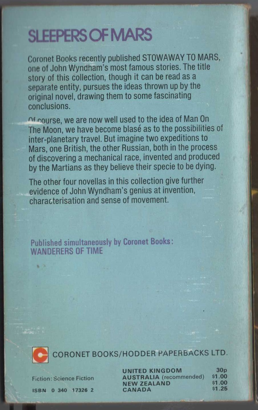 (John Wyndham writing as John Beynon) SLEEPERS OF MARS magnified rear book cover image