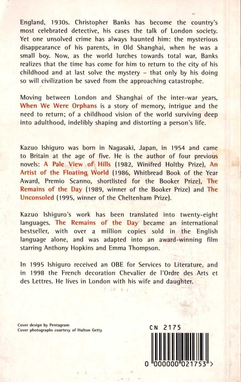 Kazuo Ishiguro  WHEN WE WERE ORPHANS magnified rear book cover image