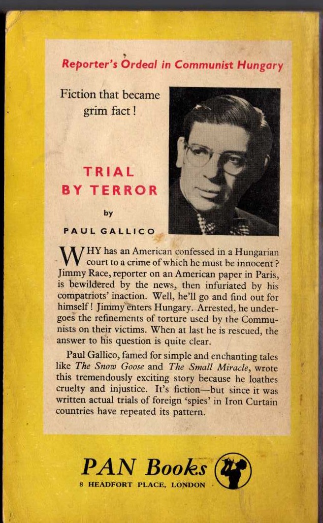 Paul Gallico  TRIAL BY TERROR magnified rear book cover image