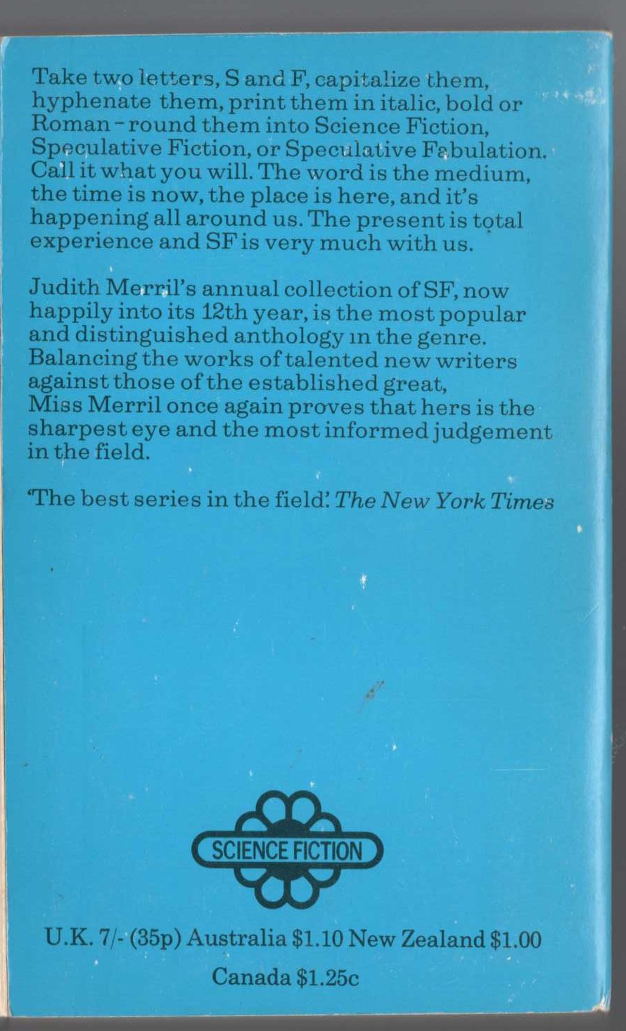 Judith Merril (edits) THE BEST OF SCIFI 12 magnified rear book cover image