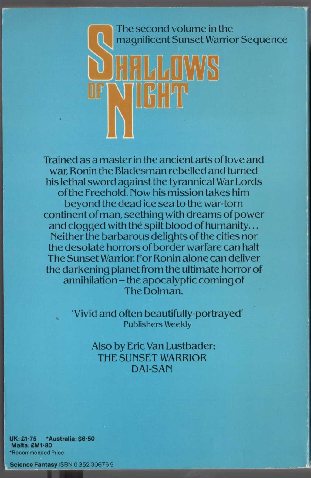 Eric Van Lustbader  SHALLOWS OF NIGHT magnified rear book cover image
