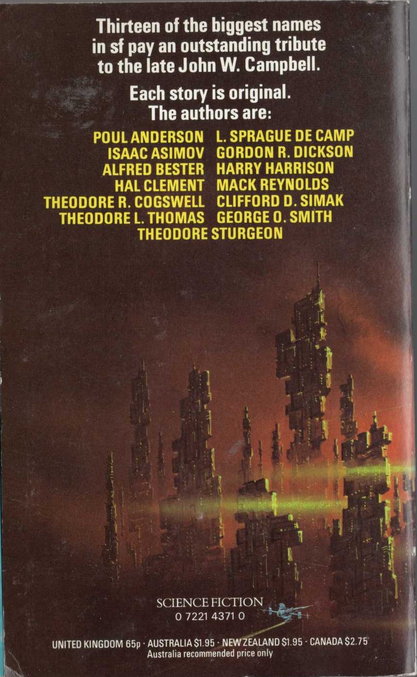 Harry Harrison (edits) THE JOHN W.CAMPBELL MEMORIAL ANTHOLOGY magnified rear book cover image