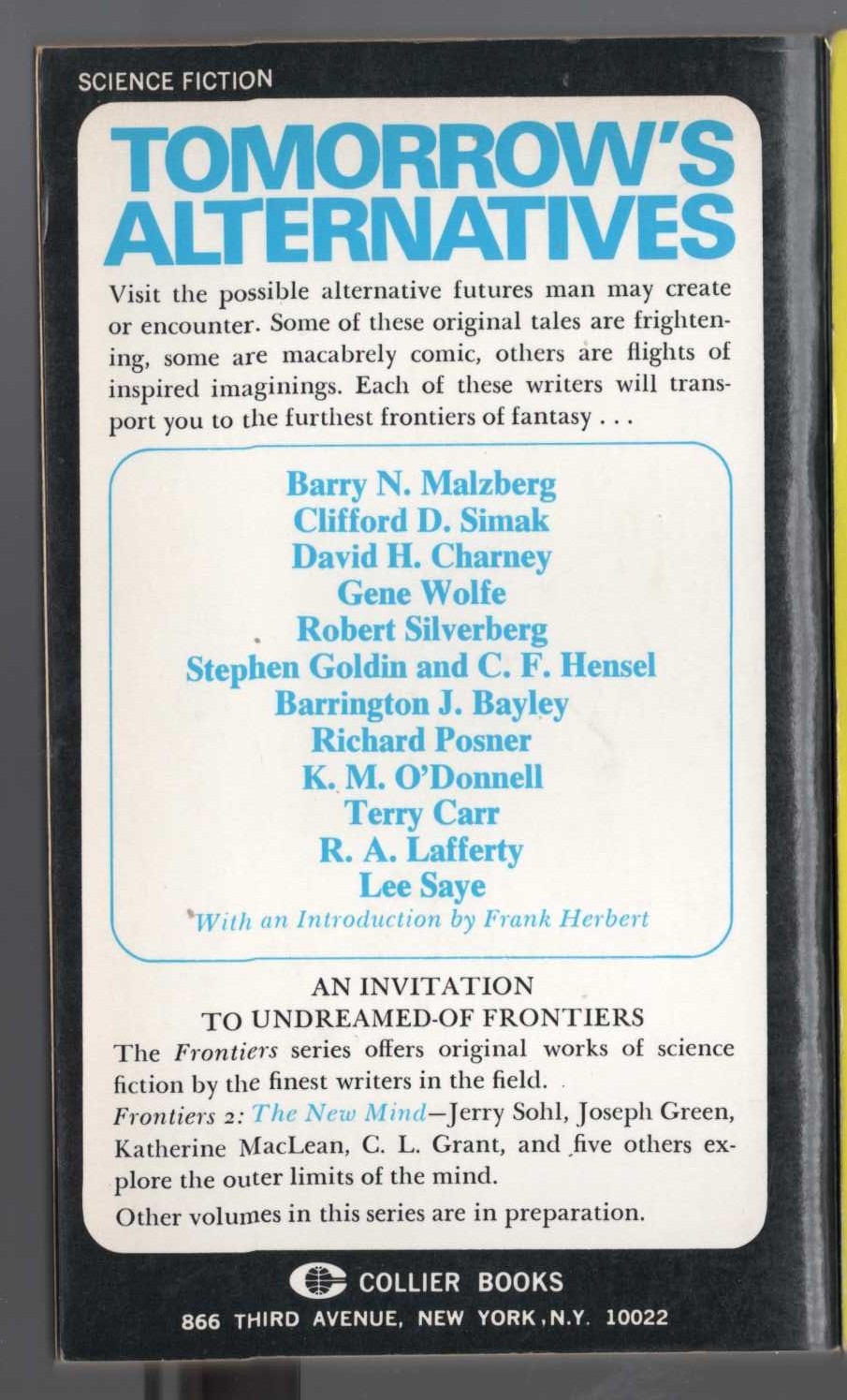 Frank Herbert (introduces) FRONTIERS 1: TOMORROW'S ALTERNATIVES magnified rear book cover image