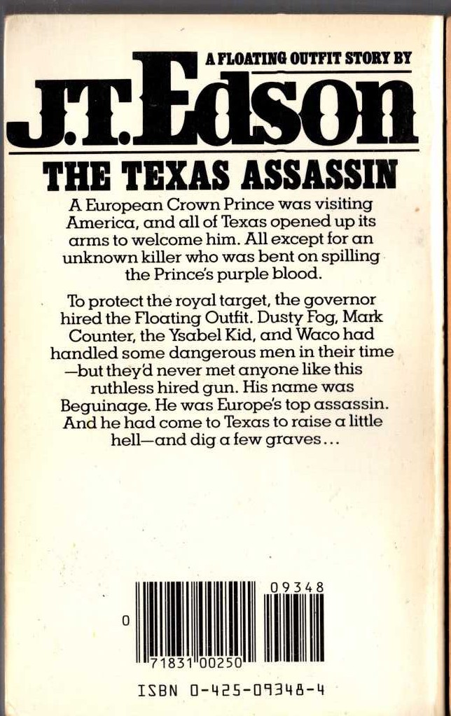 J.T. Edson  THE TEXAS ASSASSIN [U.K. title: Beguinage] magnified rear book cover image