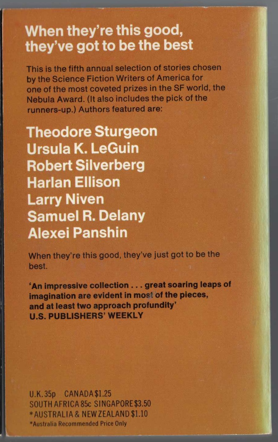 James Blish (edits) NEBULA AWARD STORIES 5 magnified rear book cover image