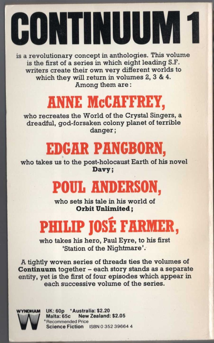 Roger Elwood (edits) CONTINUUM 1 magnified rear book cover image