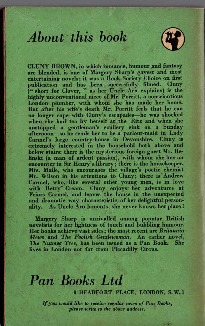 Margery Sharp  CLUNY BROWN magnified rear book cover image