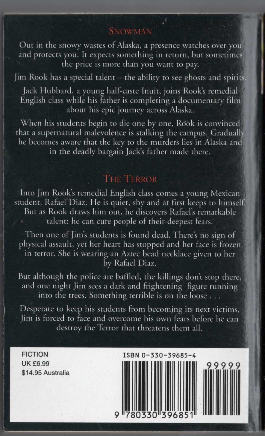 Graham Masterton  SNOWMAN & THE TERROR magnified rear book cover image