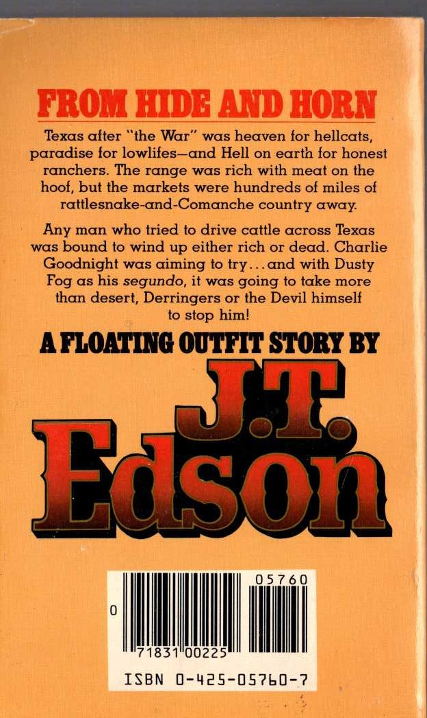 J.T. Edson  FROM HIDE AND HORN magnified rear book cover image
