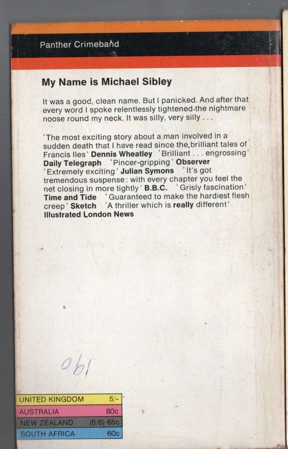 John Bingham  MY NAME IS MICHAEL SIBLEY magnified rear book cover image