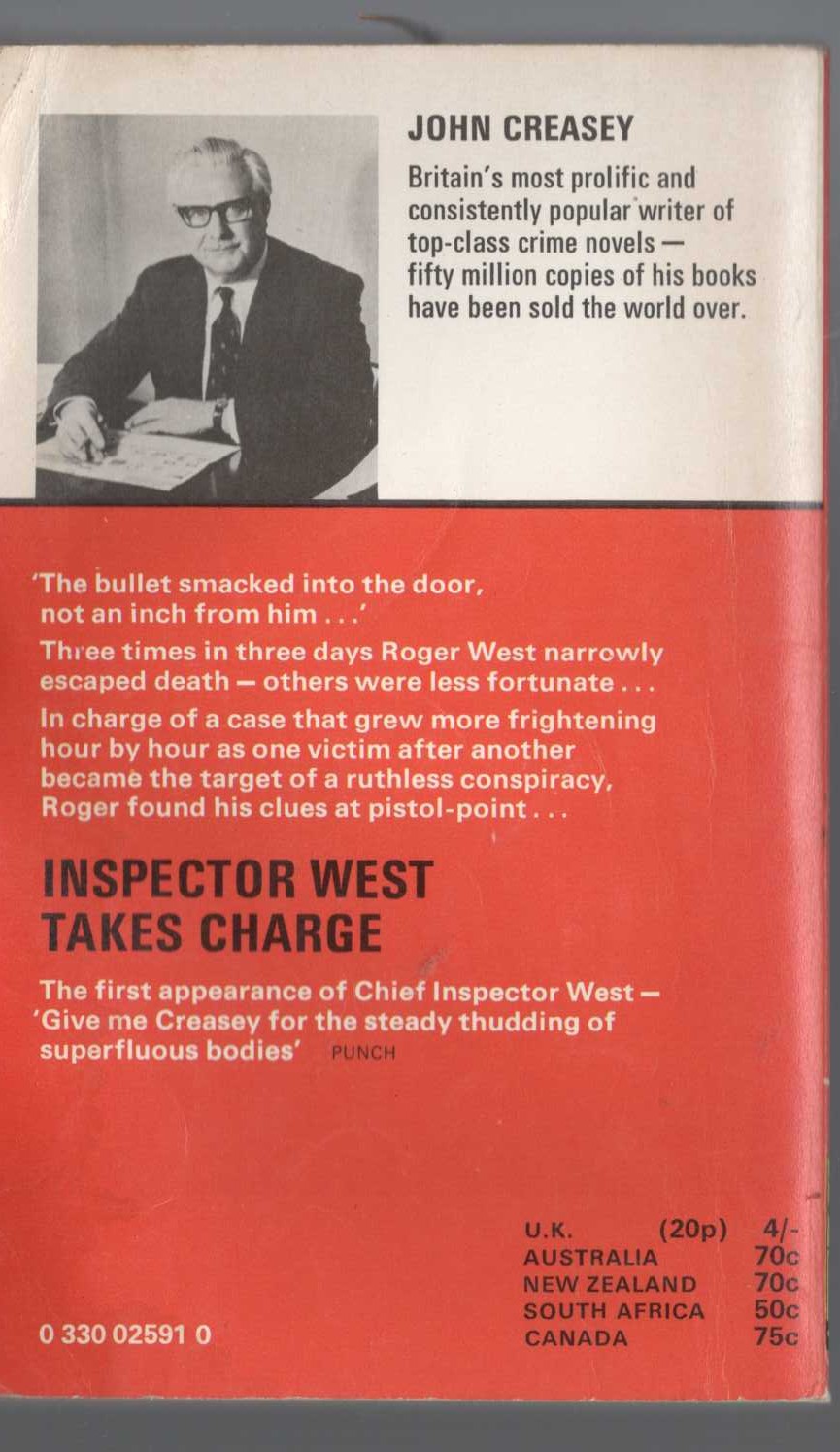John Creasey  INSPECTOR WEST TAKES CHARGE magnified rear book cover image