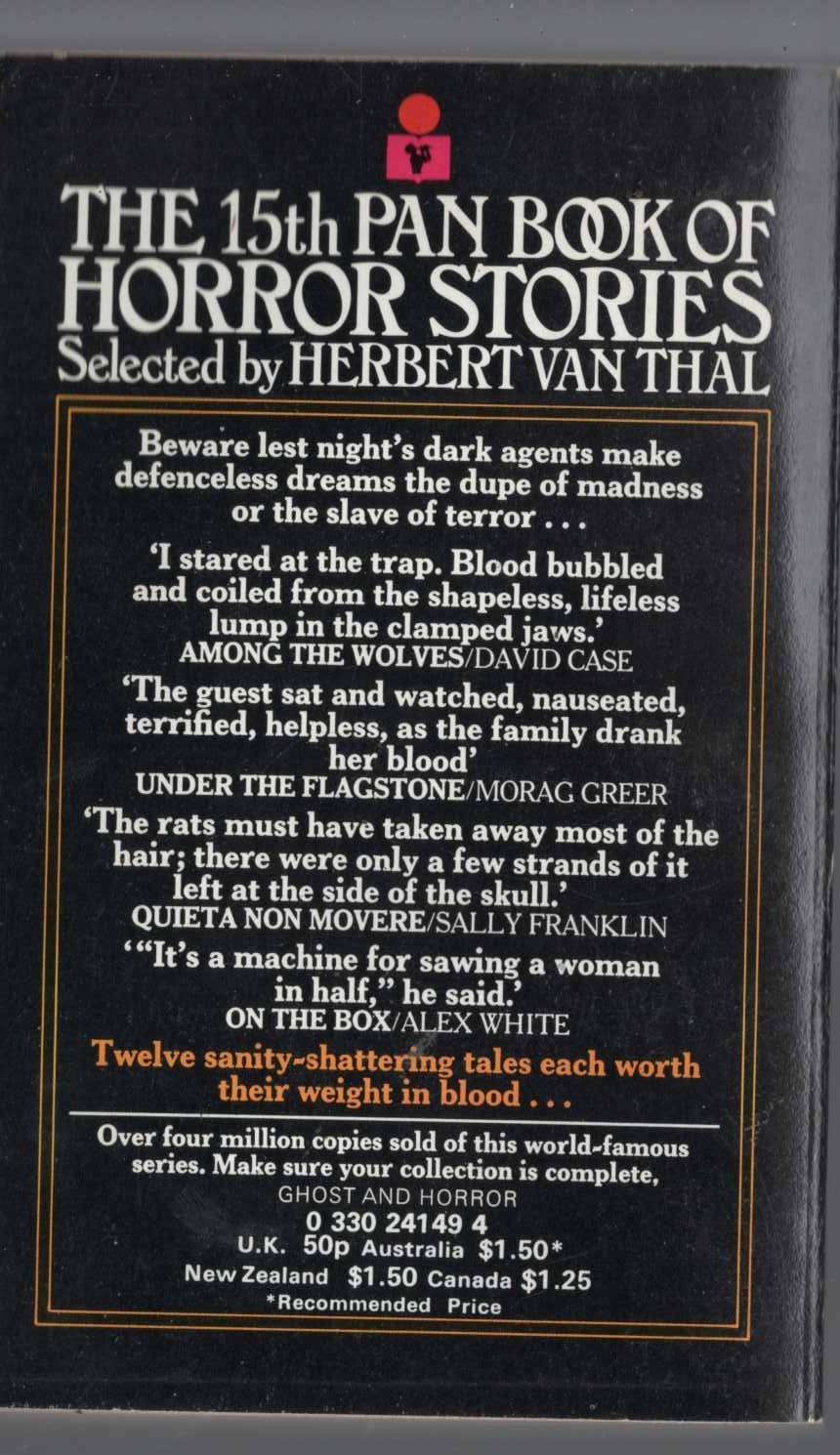 Herbert van Thal (selects) THE 15th PAN BOOK OF HORROR STORIES magnified rear book cover image