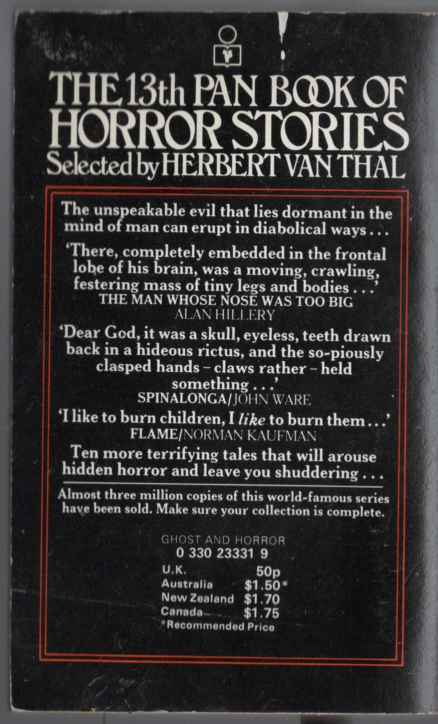 Herbert van Thal (selects) THE 13th PAN BOOK OF HORROR STORIES magnified rear book cover image