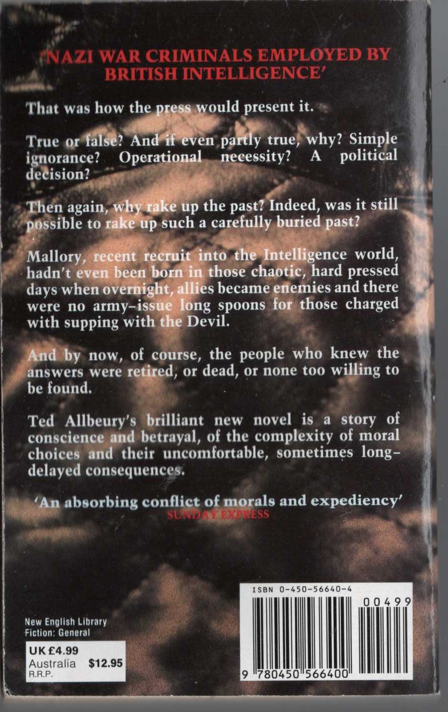 Ted Allbeury  THE DANGEROUS EDGE magnified rear book cover image
