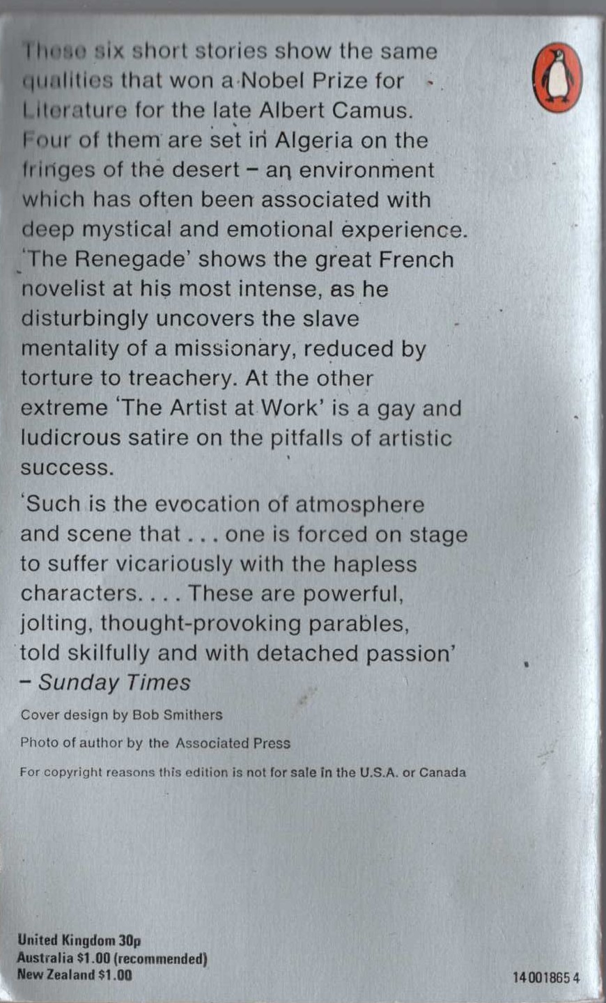 Albert Camus  EXILE AND THE KINGDOM magnified rear book cover image