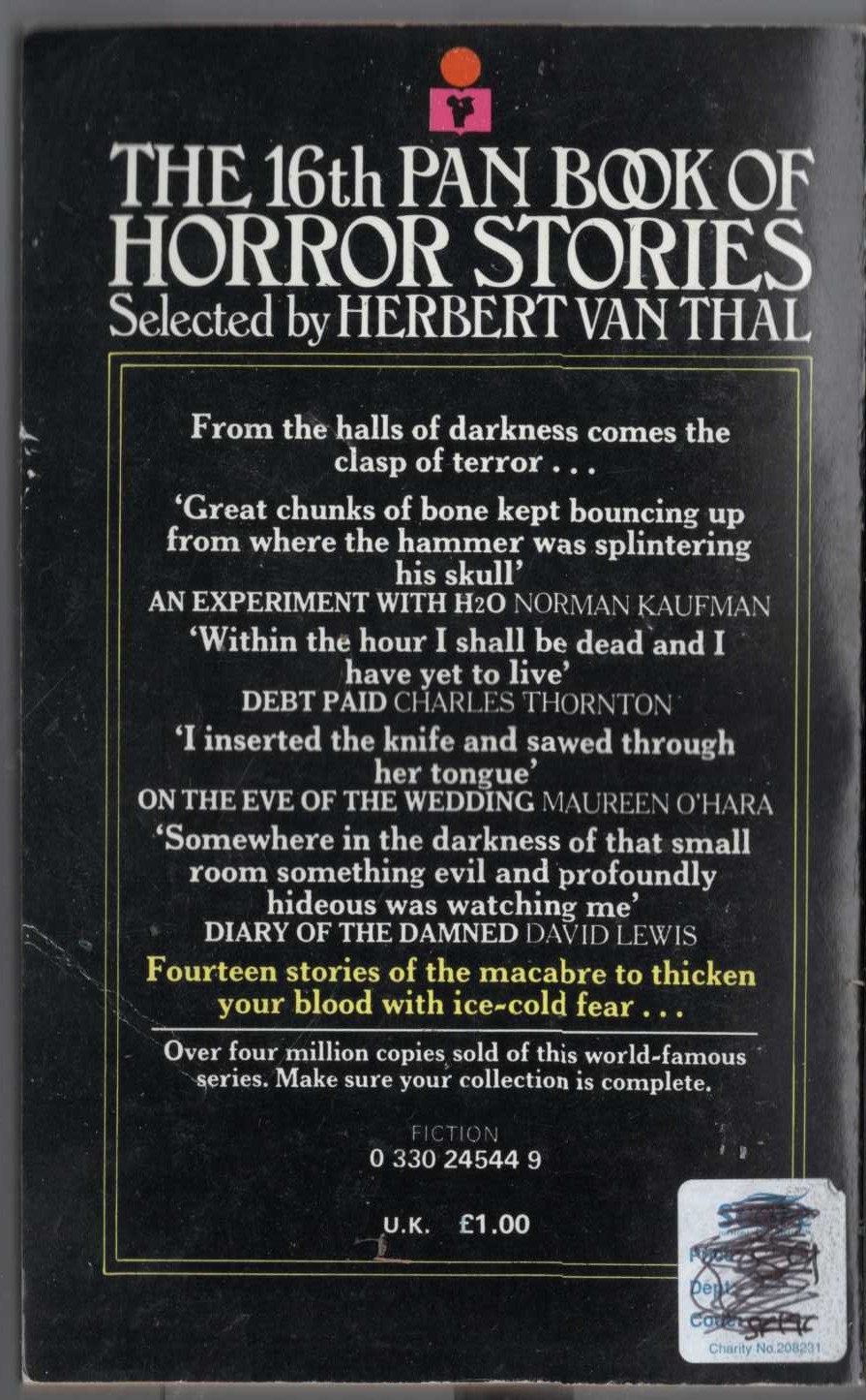 Herbert van Thal (selects) THE 16th PAN BOOK OF HORROR STORIES magnified rear book cover image