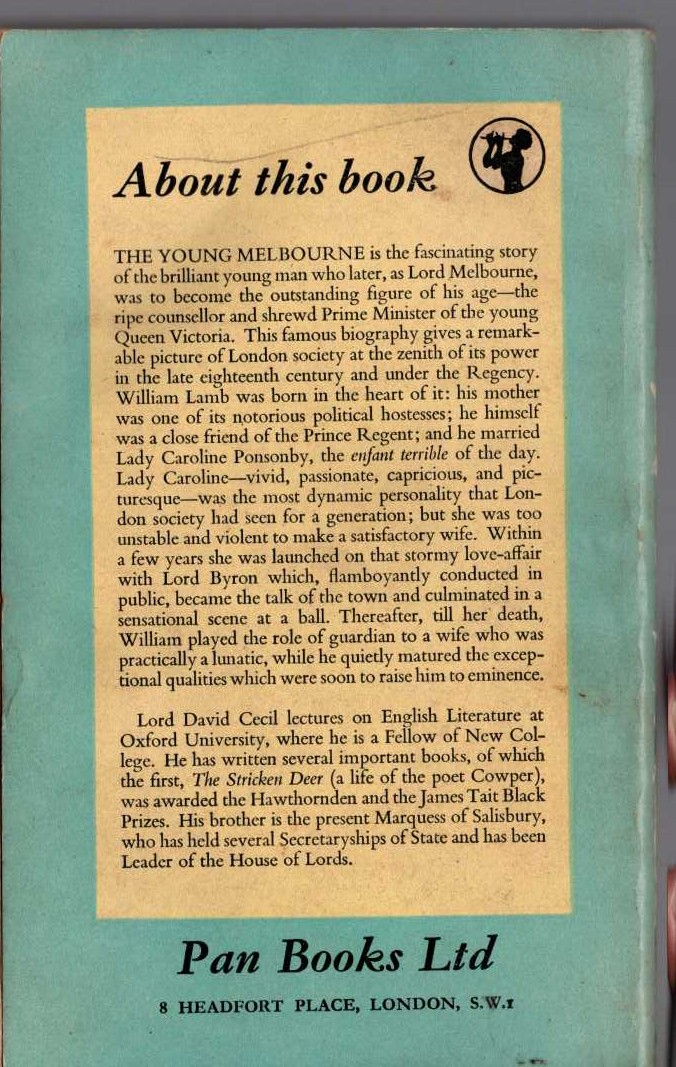 Lord David Cecil  THE YOUNG MELBOURNE magnified rear book cover image