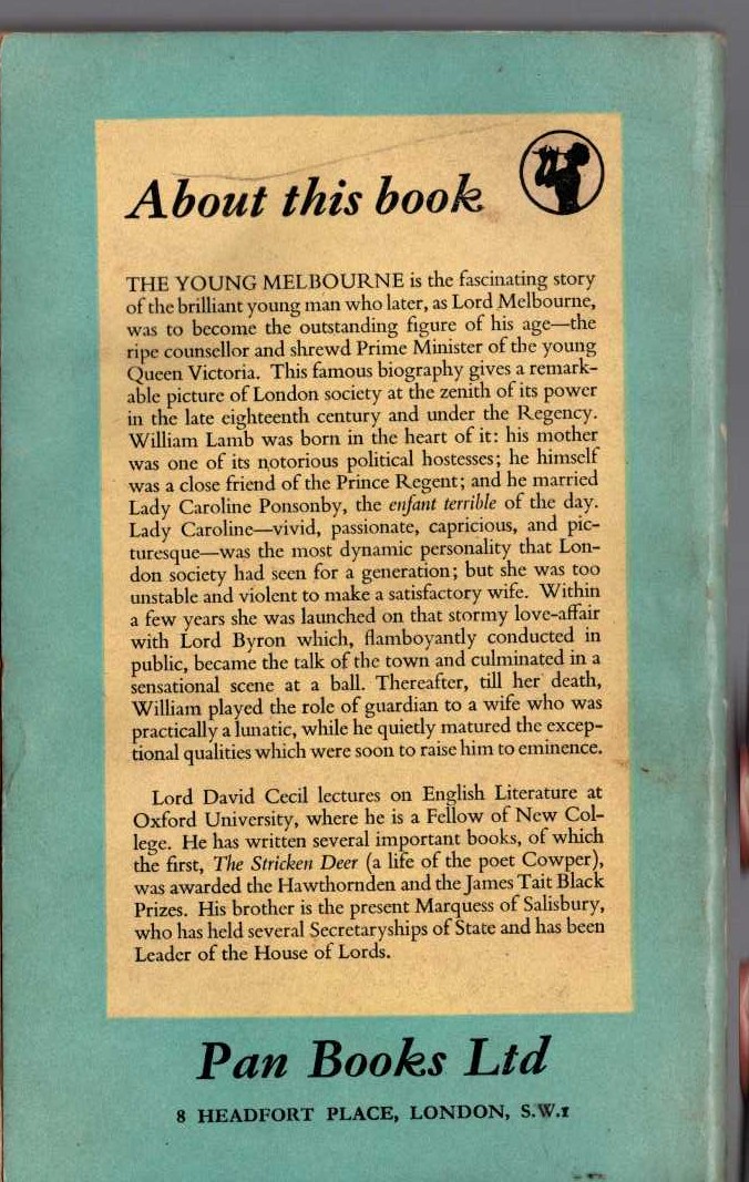 Lord David Cecil  THE YOUNG MELBOURNE magnified rear book cover image