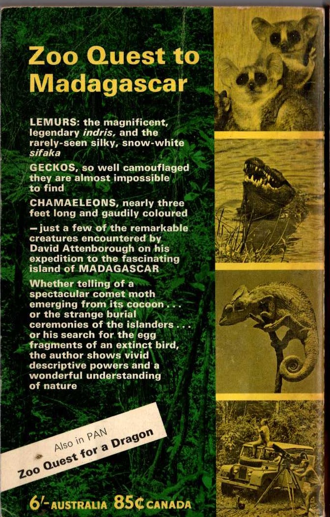 David Attenborough  ZOO QUEST TO MADAGASCAR magnified rear book cover image
