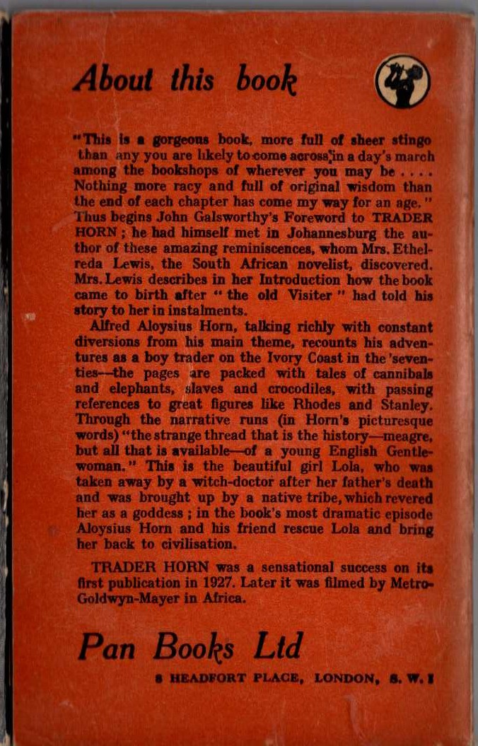 John Galsworthy (Foreword) TRADER HORN magnified rear book cover image