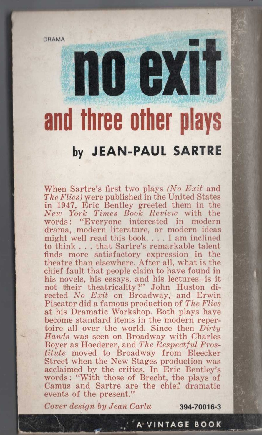Jean-Paul Sartre  NO EXIT and three other plays magnified rear book cover image