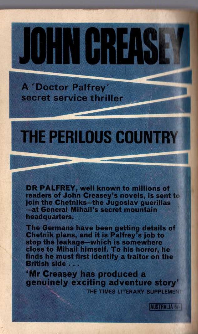 John Creasey  THE PERILOUS COUNTRY (Doctor Palfrey) magnified rear book cover image