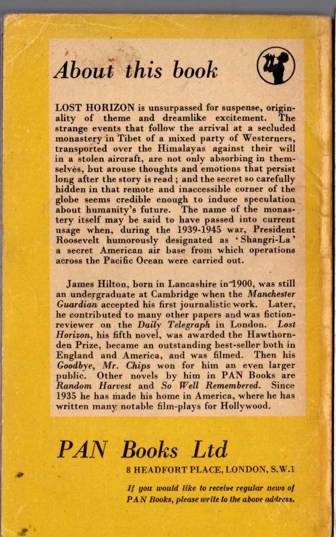 James Hilton  LOST HORIZON magnified rear book cover image