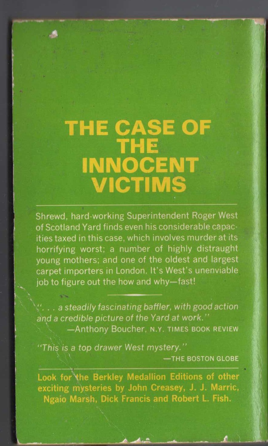John Creasey  THE CASE OF THE INNOCENT VICTIMS (Roger West) magnified rear book cover image