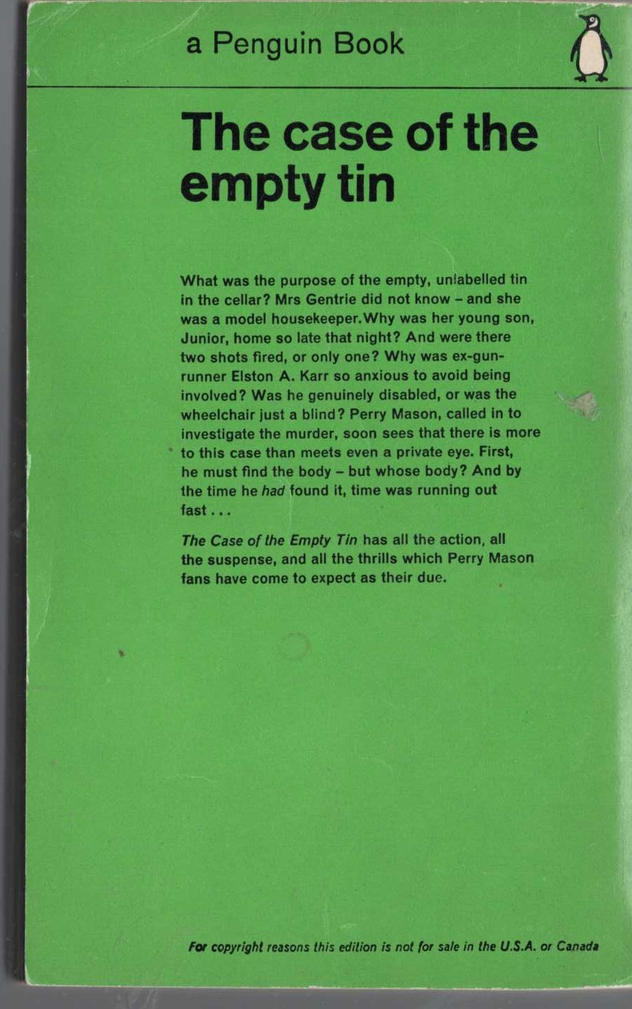 Erle Stanley Gardner  THE CASE OF THE EMPTY TIN magnified rear book cover image