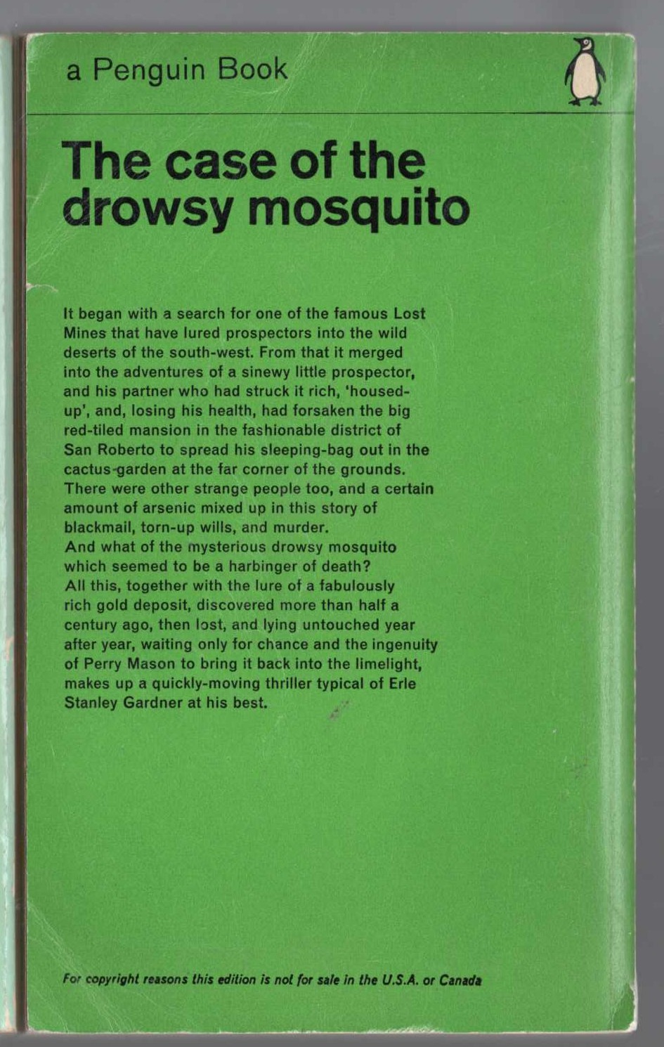 Erle Stanley Gardner  THE CASE OF THE DROWSY MOSQUITO magnified rear book cover image
