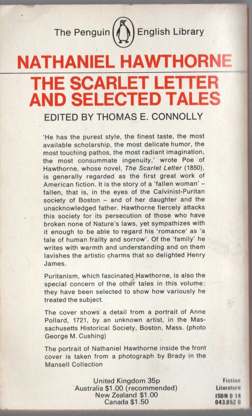 Nathaniel Hawthorne  THE SCARLET LETTERS AND SELECTED TALES magnified rear book cover image