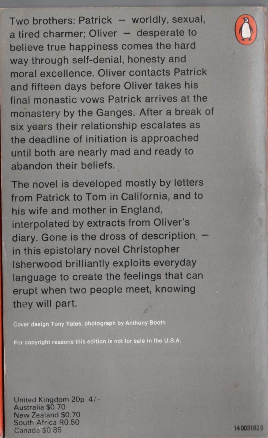 Christopher Isherwood  A MEETING BY THE RIVER magnified rear book cover image