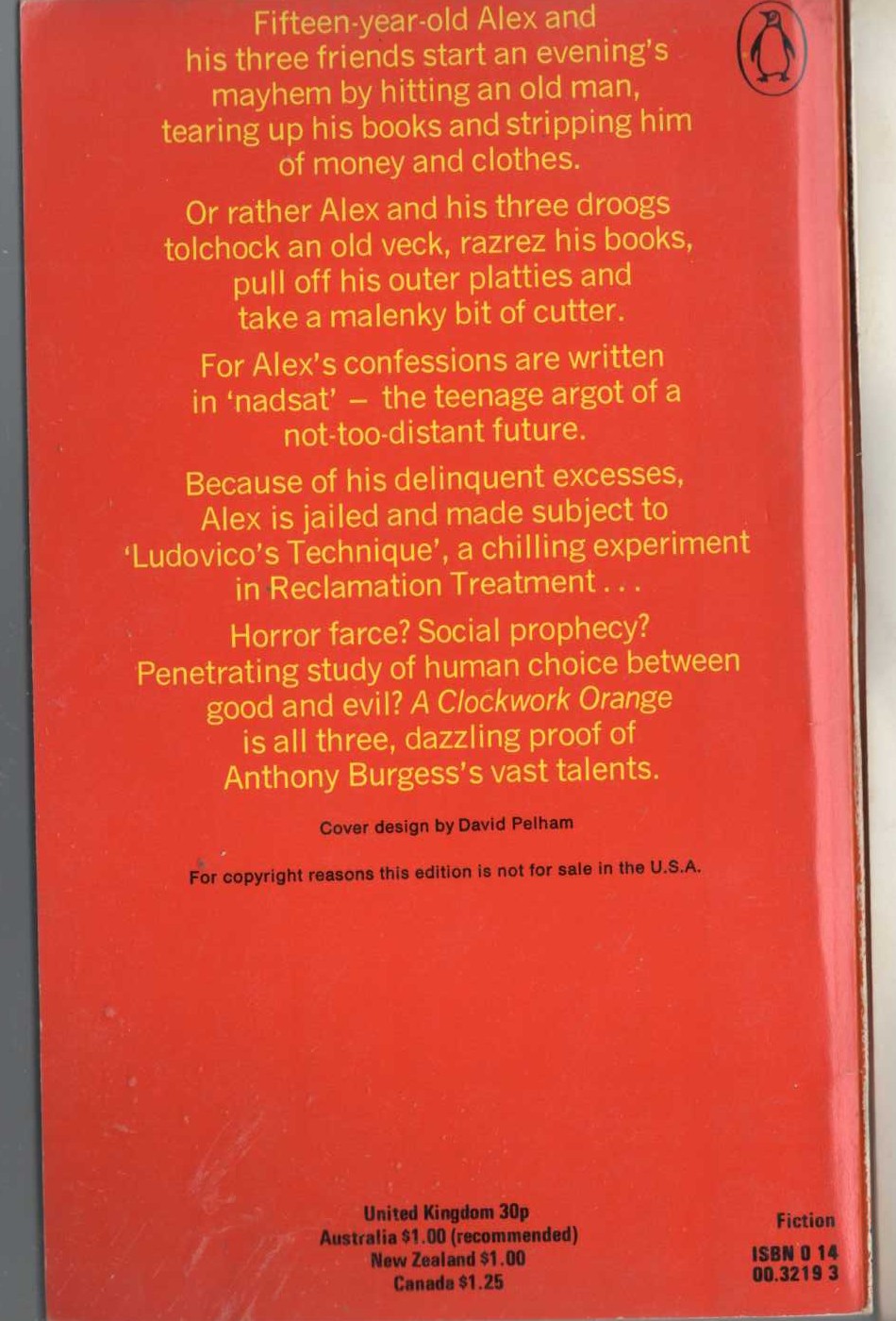 Anthony Burgess  A CLOCKWORK ORANGE magnified rear book cover image