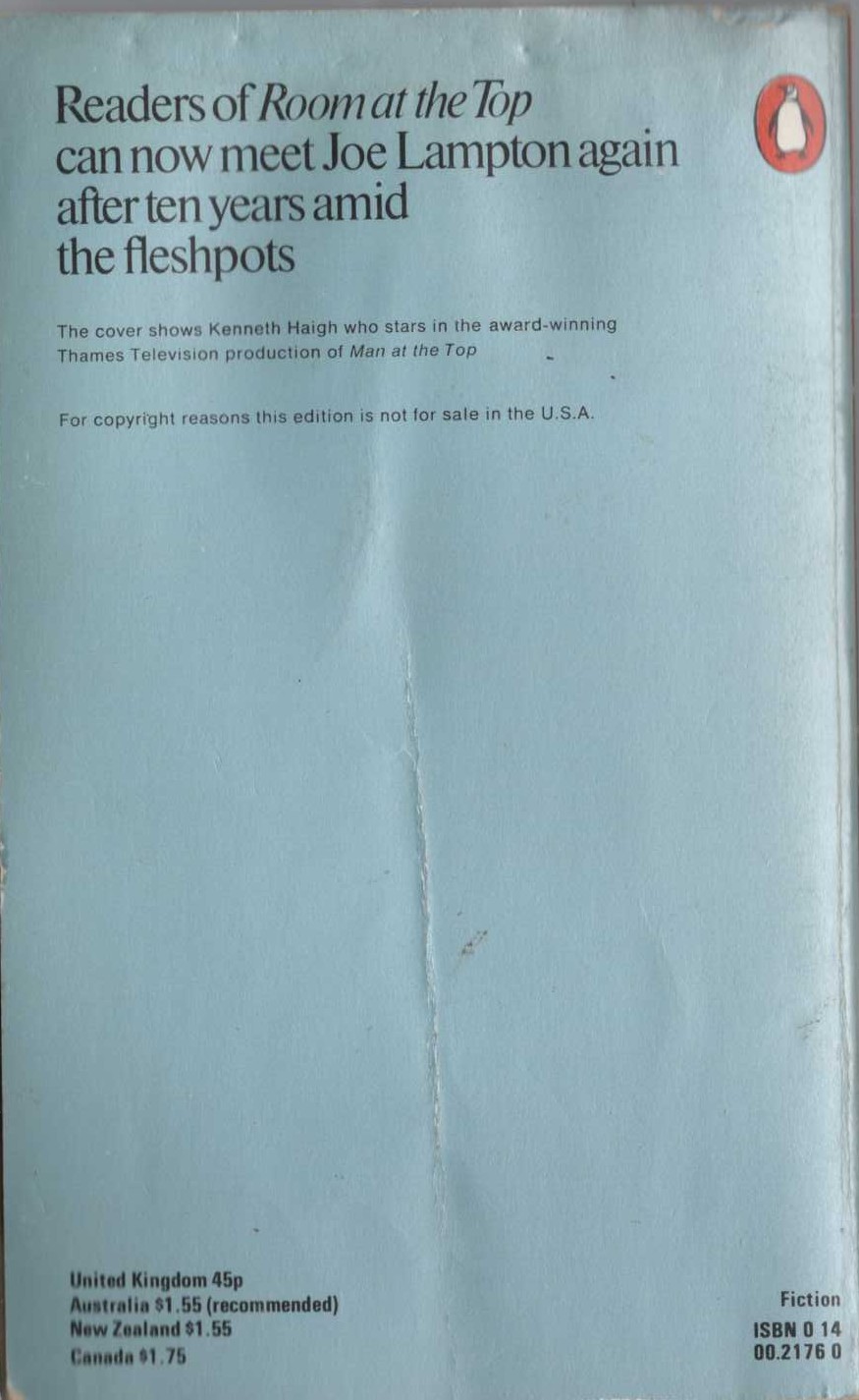 John Braine  LIFE AT THE TOP magnified rear book cover image