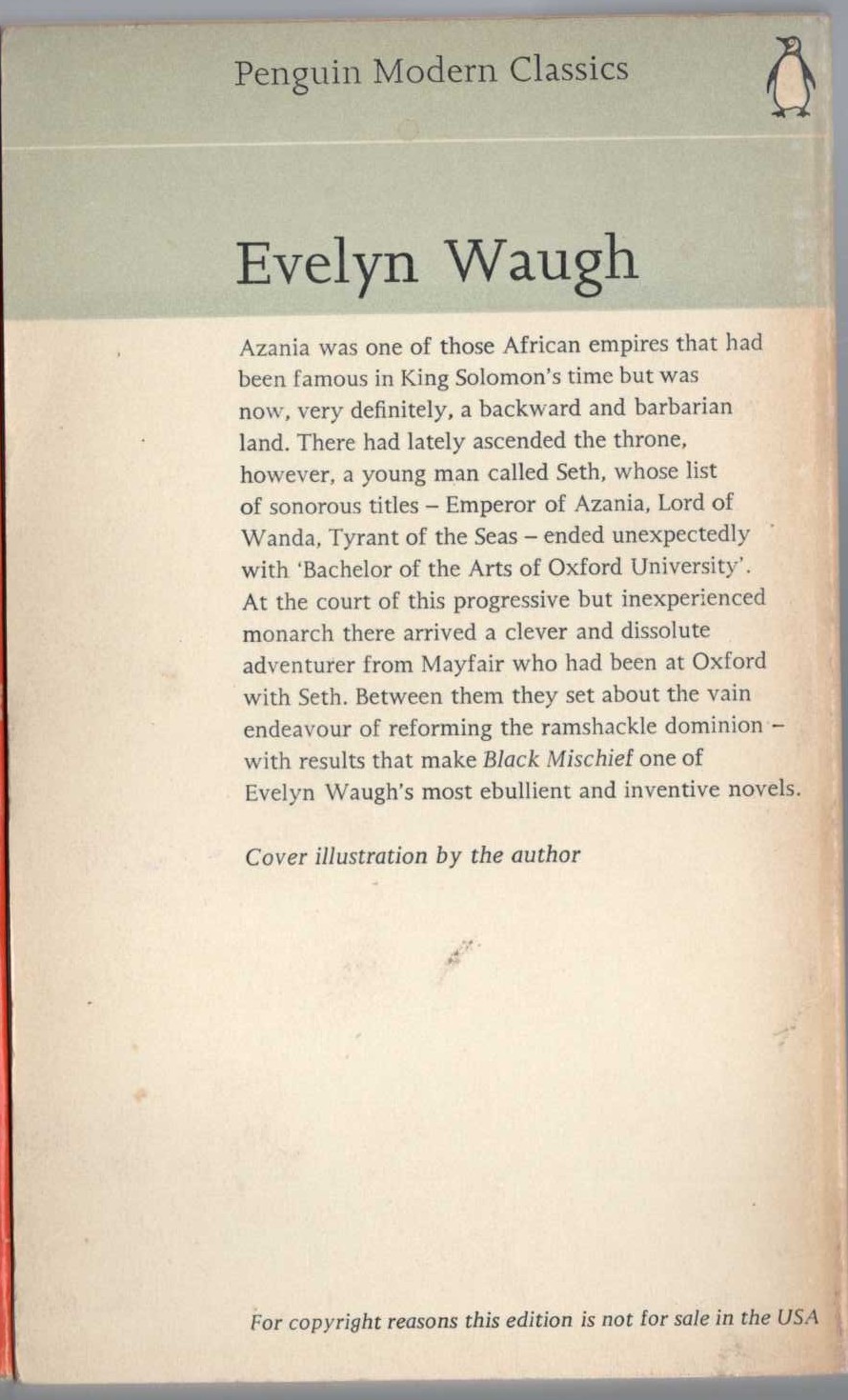 Evelyn Waugh  BLACK MISCHIEF magnified rear book cover image