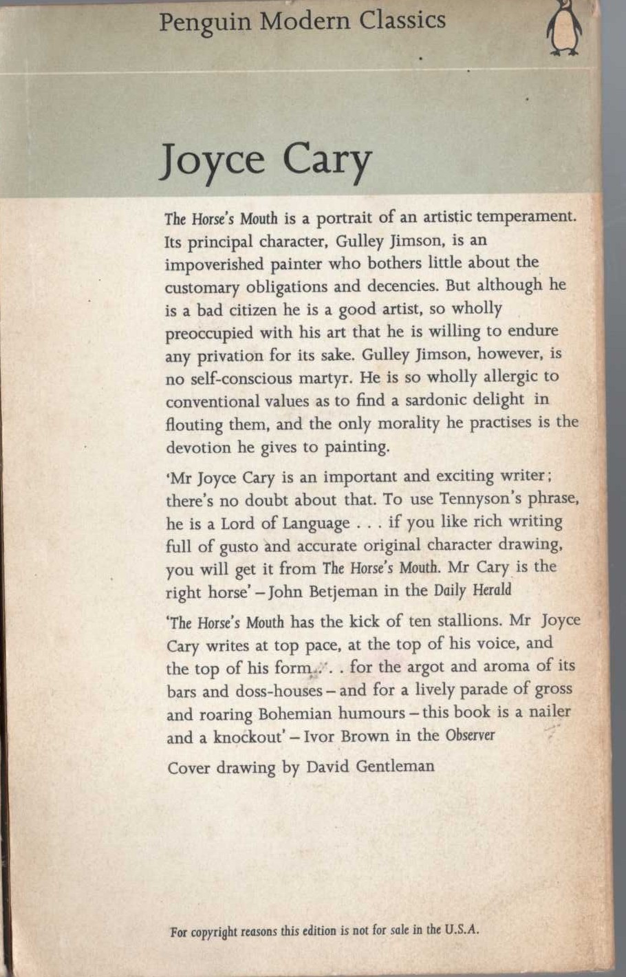 Joyce Cary  THE HORSE'S MOUTH magnified rear book cover image