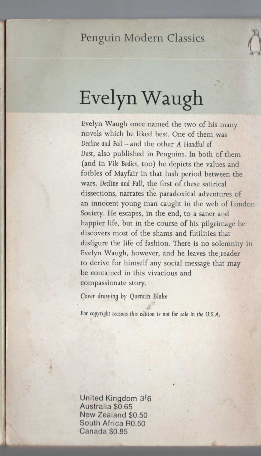 Evelyn Waugh  DECLINE AND FALL magnified rear book cover image