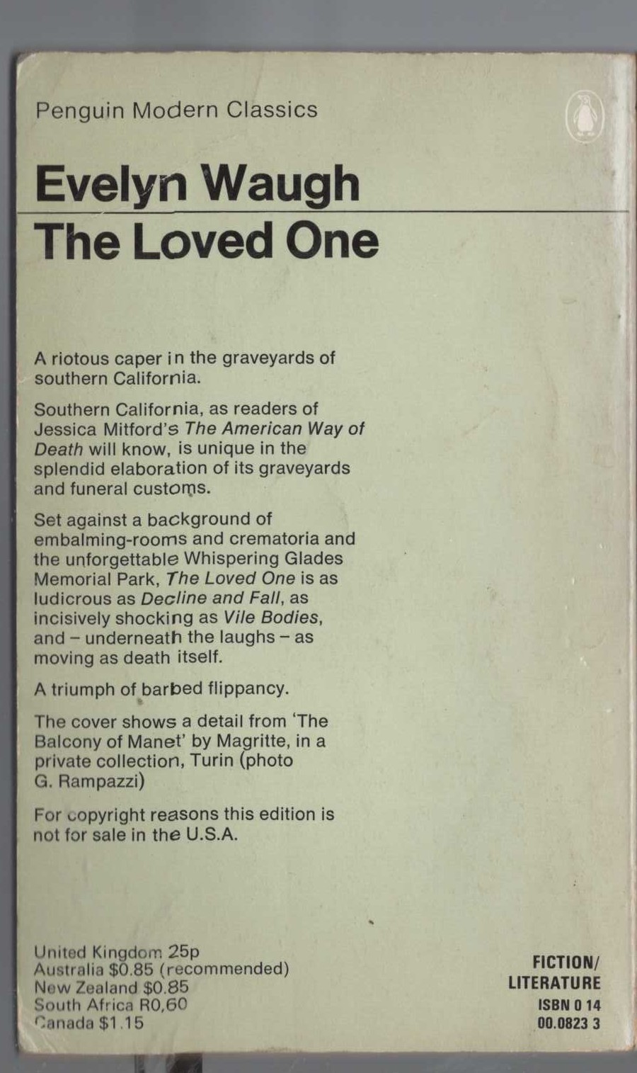 Evelyn Waugh  THE LOVED ONE magnified rear book cover image