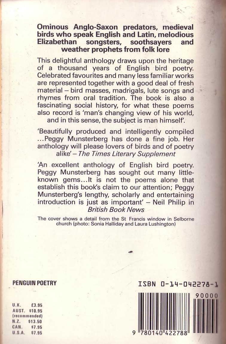 Peggy Munsterberg (edits) THE PENGUIN BOOK OF BIRD POETRY magnified rear book cover image