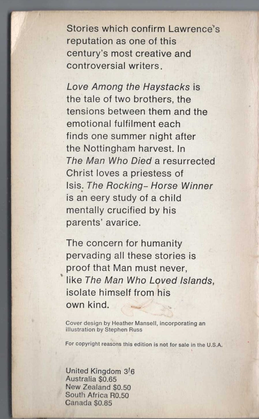 D.H. Lawrence  LOVE AMONG THE HAYSTACKS and other stories magnified rear book cover image