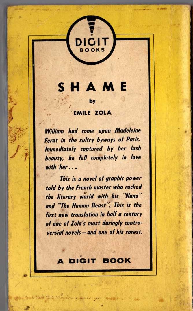 Emile Zola  SHAME magnified rear book cover image