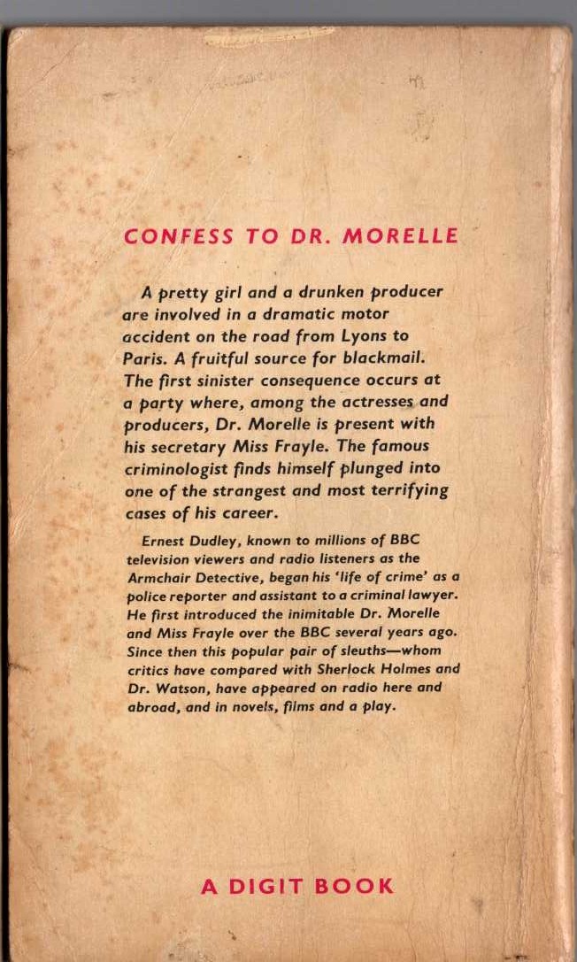 Ernest Dudley  CONFESS TO DR. MORELLE magnified rear book cover image