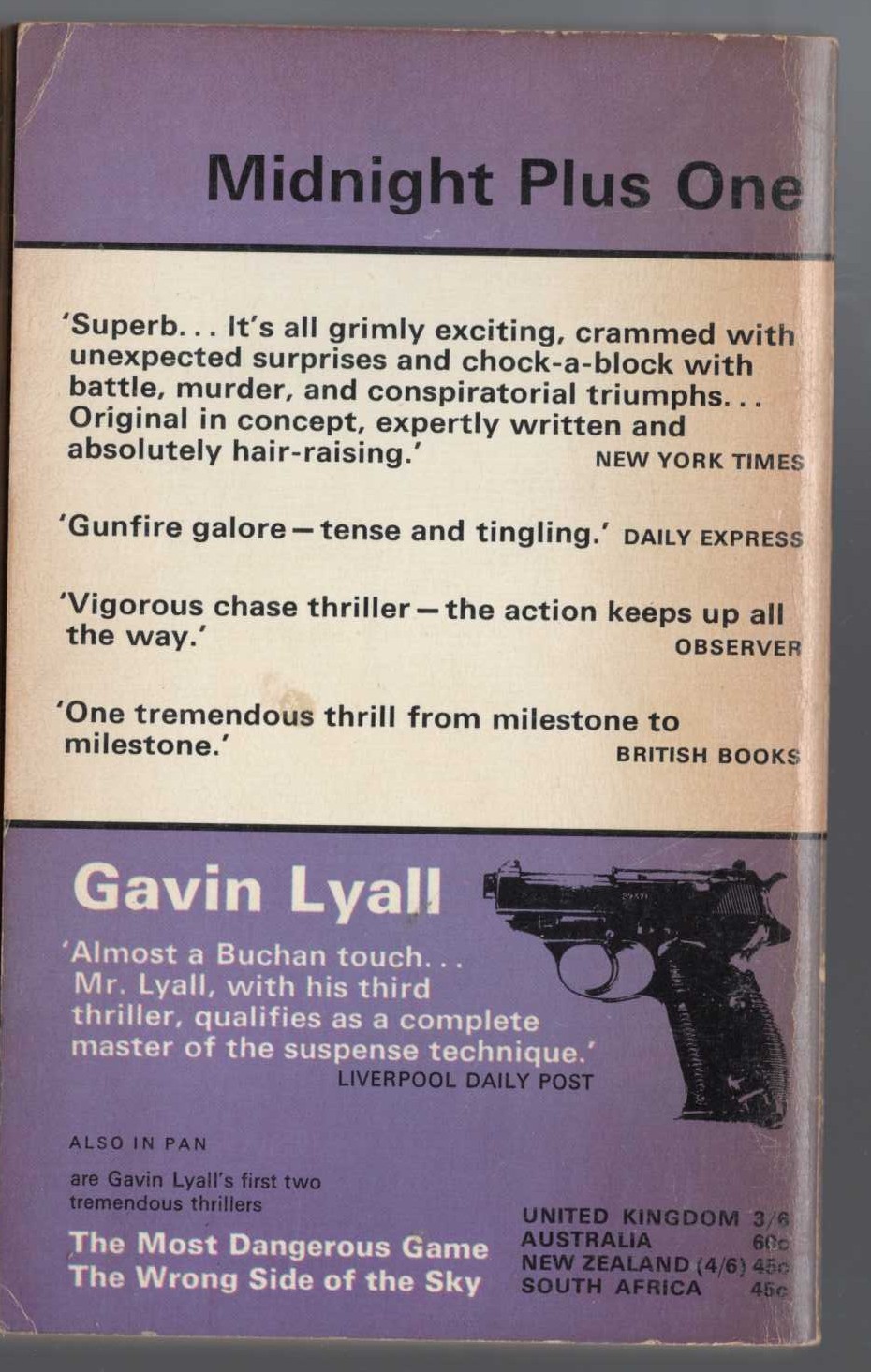 Gavin Lyall  MIDNIGHT PLUS ONE magnified rear book cover image