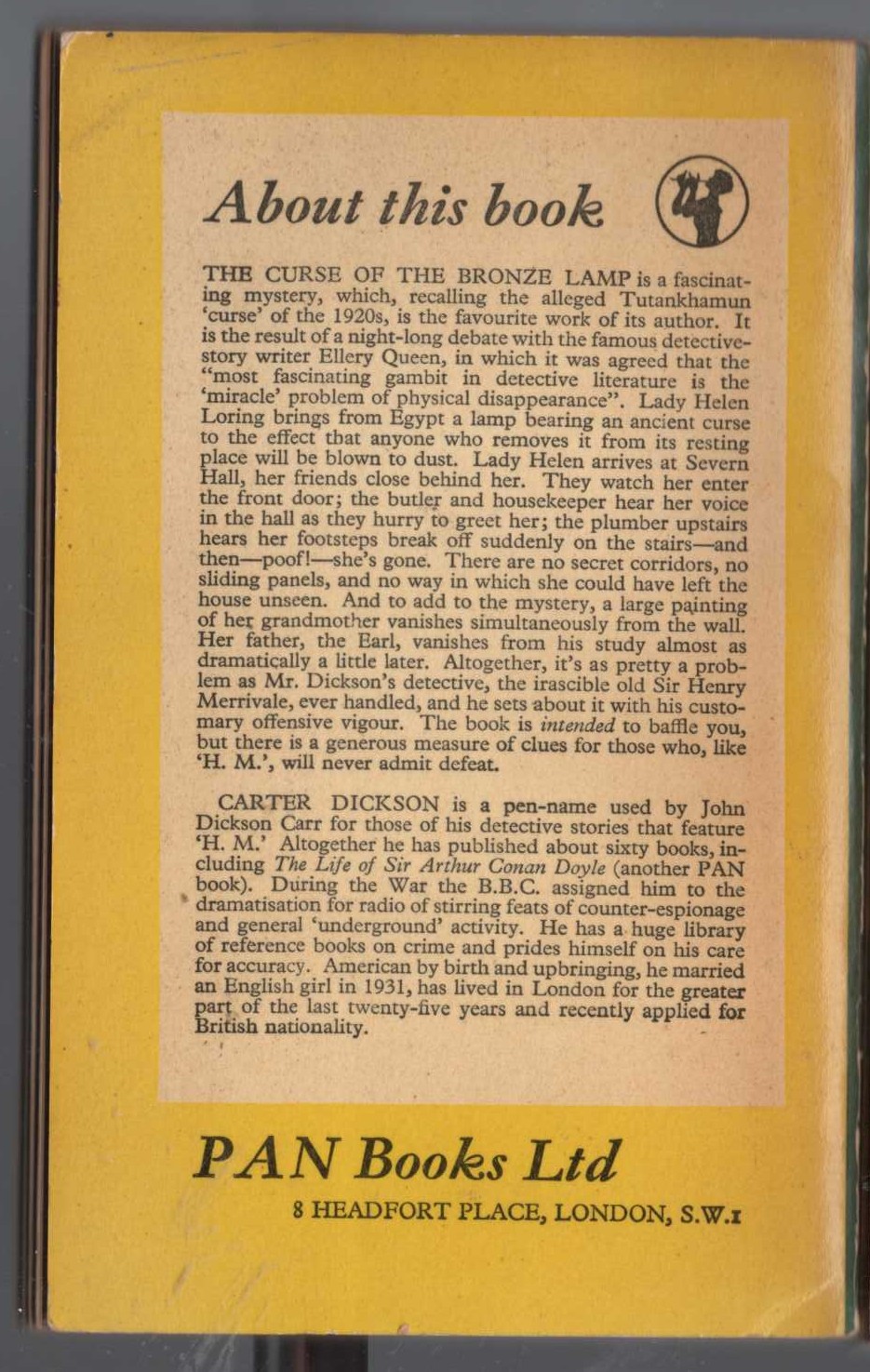 Carter Dickson  THE CURSE OF THE BRONZE LAMP magnified rear book cover image